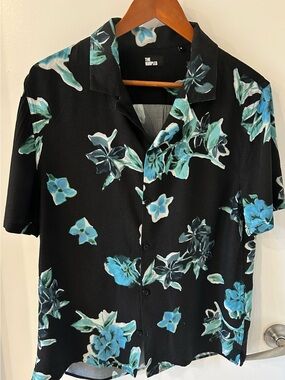 The Kooples Black Short-Sleeve Button-Down Shirt with Blue Floral Print